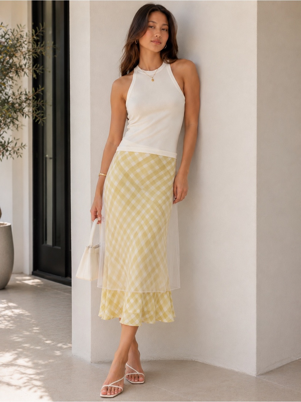 Zara Gingham Maxi Skirt with Sheer Tulle Overlay